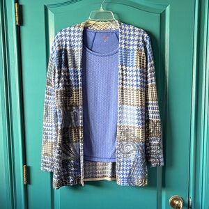TALBOTS HOUNDSTOOTH & PAISLEY MERINO WOOL CARDIGAN AND TOP SET
